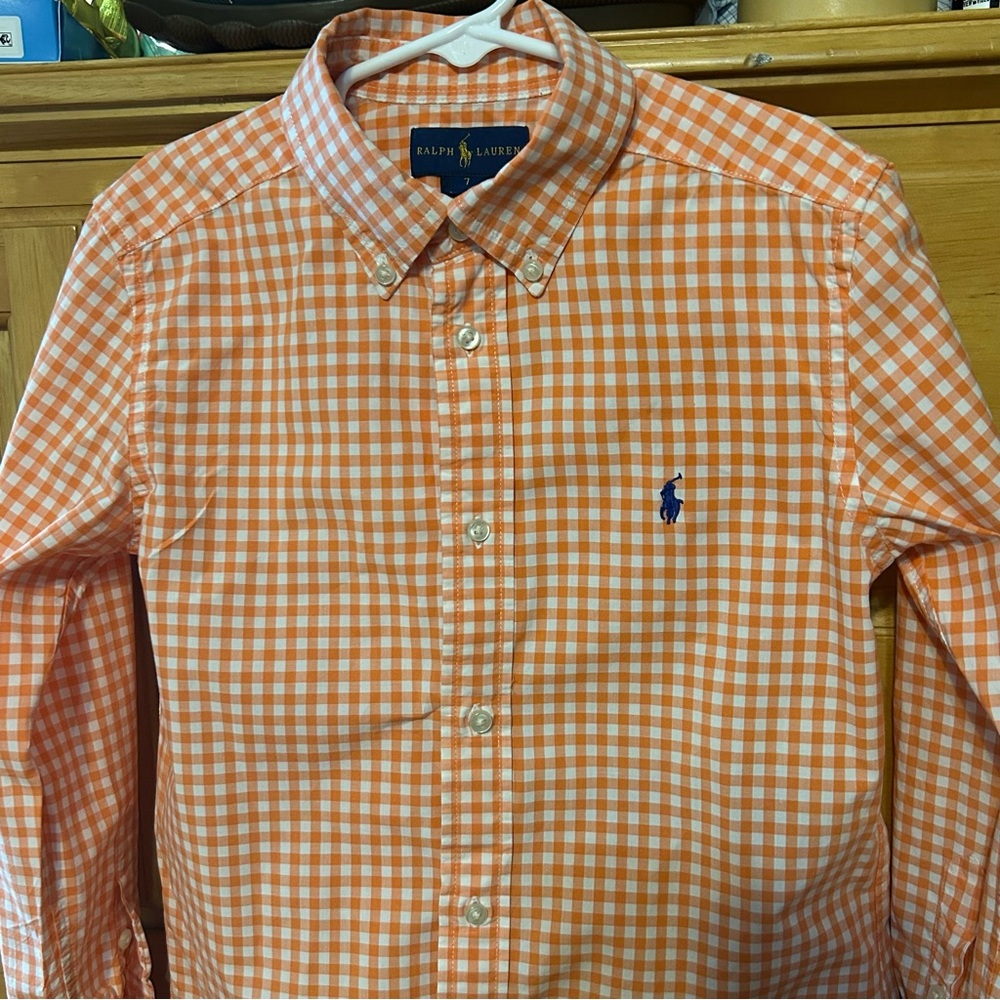 Ralph Lauren Boy’s Orange and White Checked Long Sleeve Button Down Shirt Size 7 - Picture 3 of 7